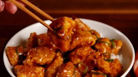 tender pieces of chicken dipped in red soy sauce, sesame seeds and vinegar as is the essence of yummy Asian Food