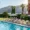 Poolside lounge chairs with umbrellas at a luxury hotel in Palm Springs, surrounded by palm trees and mountain views in the background.
