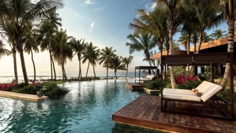 Luxurious beachfront resort in Puerto Rico with palm trees, ocean view, and poolside lounge chairs.