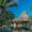 Thatched-roof swim-up bar surrounded by lush palm trees and tropical vegetation at a resort pool under a bright blue sky in Costa Rica