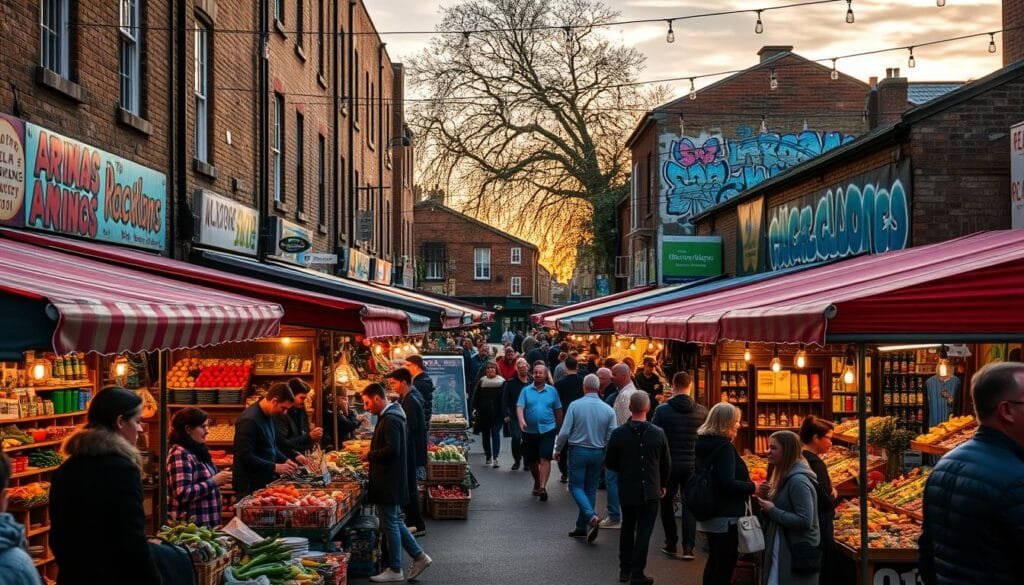 10 Awesome Things To Do in Hackney You’ll Love Exploring 4 Busy Hackney market at sunset with people shopping for fresh produce, vibrant food stalls under red-striped canopies, and colorful graffiti on surrounding buildings.