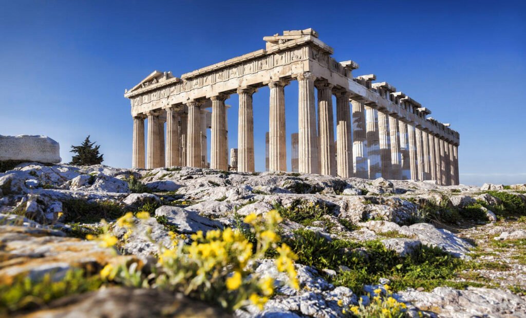 The Parthenon atop the Acropolis in Athens, Greece, viewed from a rocky foreground with blooming yellow wildflowers under a clear blue sky.