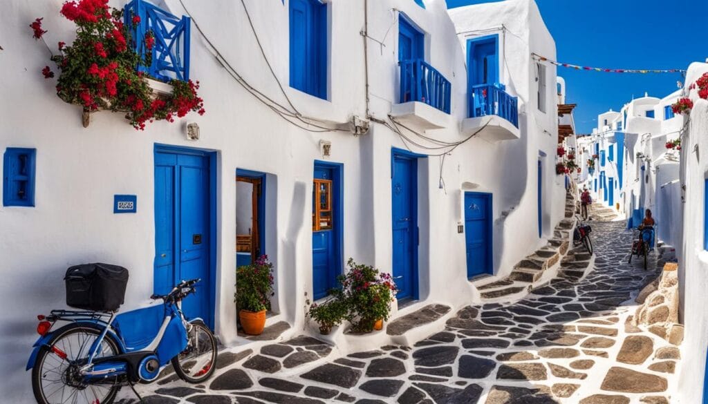Narrow cobbled street in Mykonos lined with whitewashed buildings and vibrant blue doors, with scooters and bicycles parked outside and bright bougainvillaea in bloom.