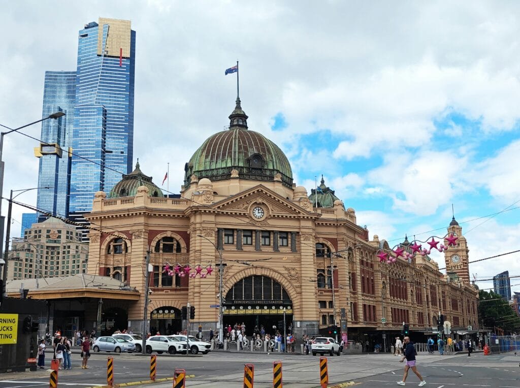 Flinders Street Station with Eureka Tower in the background, Melbourne Australia