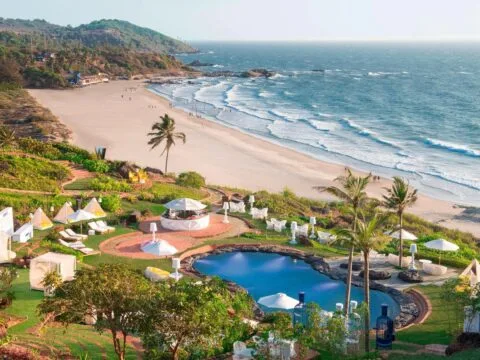 Luxury beach resort in Goa with a pool, palm trees, and ocean views