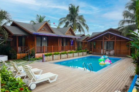 Beach resort at Baga, Goa with wooden cottages