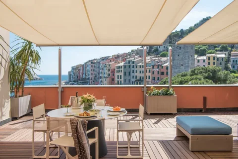 Seaside hotel terrace in Vernazza Italy