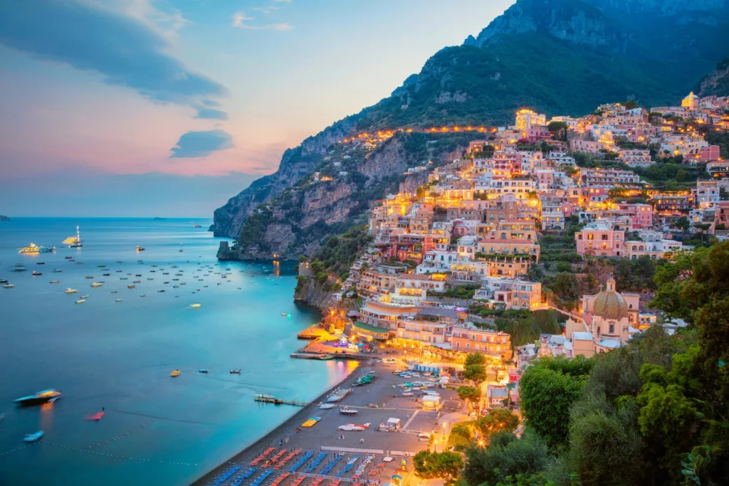 Amalfi Coast cliffside village at sunset