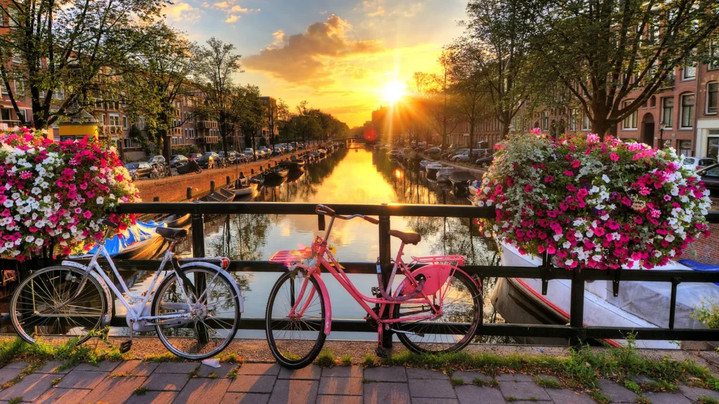 Amsterdam canal at sunset