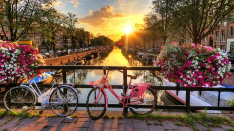 Amsterdam canal at sunset