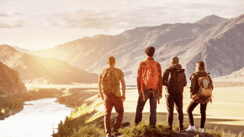 Group of friends with backpacks