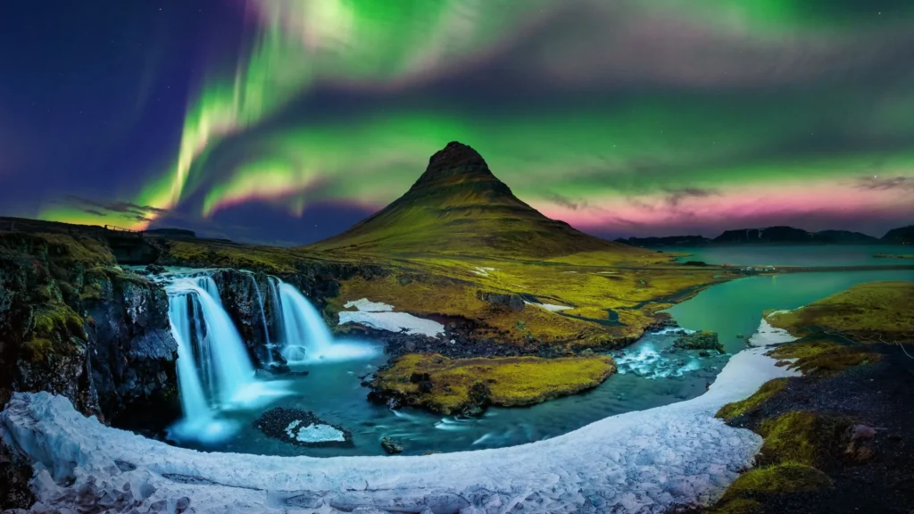 Iceland Northern Lights waterfall