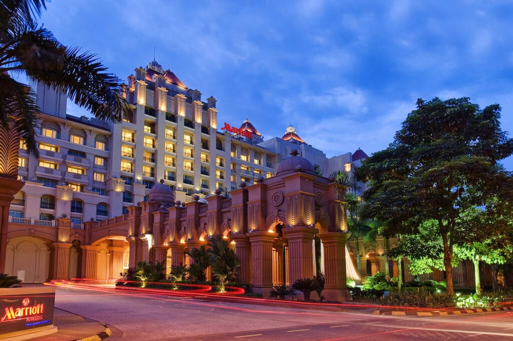 Marriott luxury hotel exterior at night
