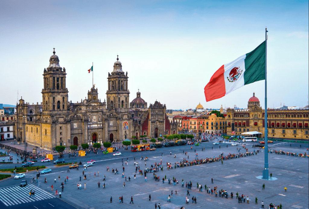 Mexico City Zócalo with cathedral and flag