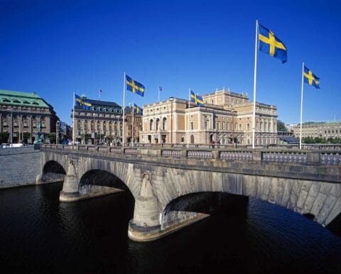 Stockholm bridge with Swedish flags