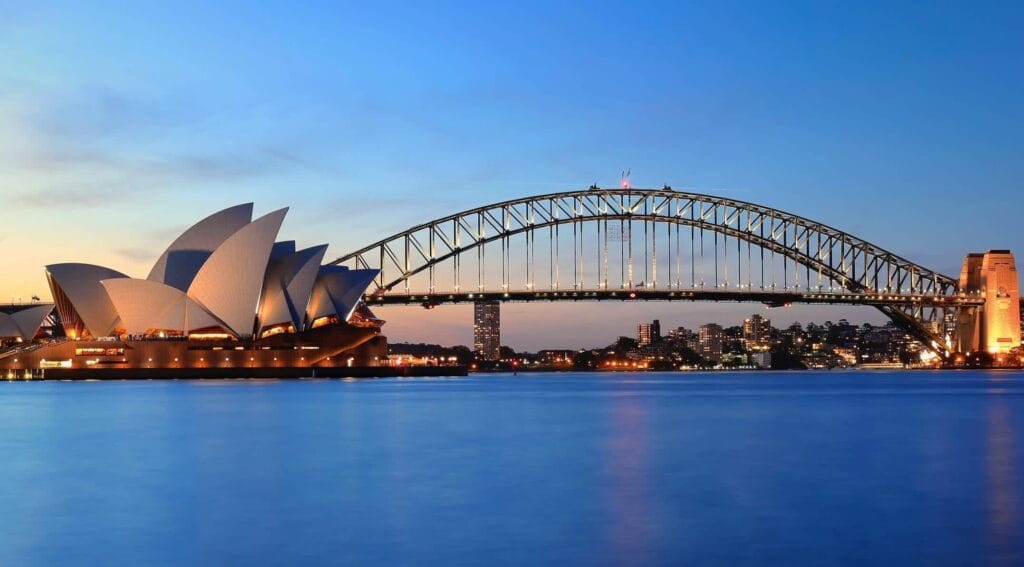 Sydney Opera House and Harbour Bridge at dusk